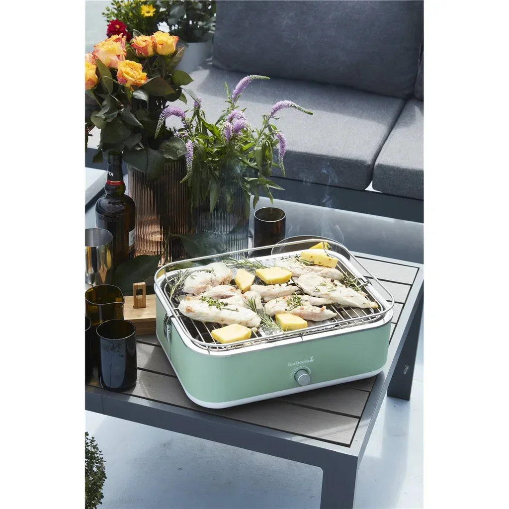 Barbacoa eléctrica portátil Barbecook E-Carlo Paris Green compacta balcón