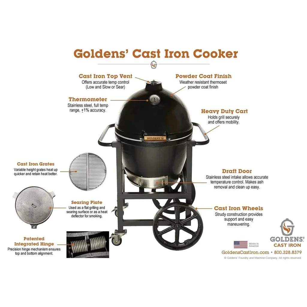 Barbacoa Kamado Goldens de Hierro Fundido con Carrito Móvil 52 cm