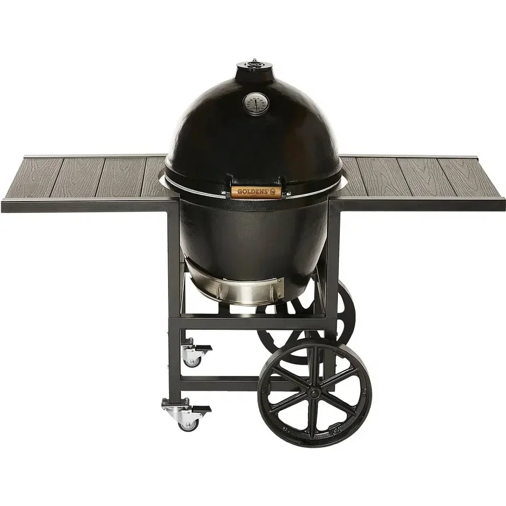 Barbacoa Kamado Goldens Hierro Fundido 52cm con Carrito y Estantes de Madera Compuesta