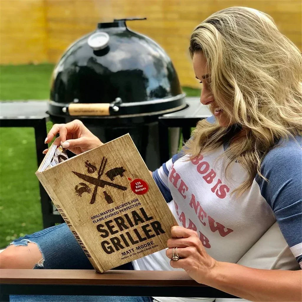 Barbacoa Kamado Goldens Hierro Fundido 52cm con Carrito y Estantes de Madera Compuesta