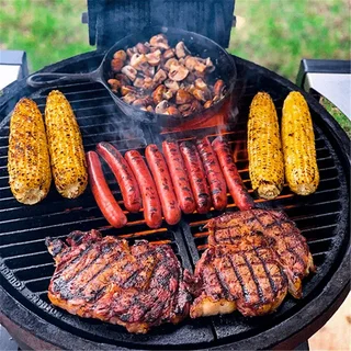 Barbacoa Kamado Goldens Hierro Fundido 52cm con Carrito y Estantes de Madera Compuesta