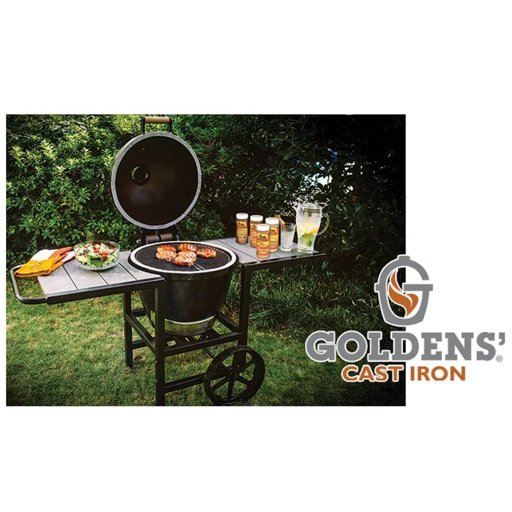 Barbacoa Kamado Goldens Hierro Fundido 52cm con Carrito y Estantes de Madera Compuesta