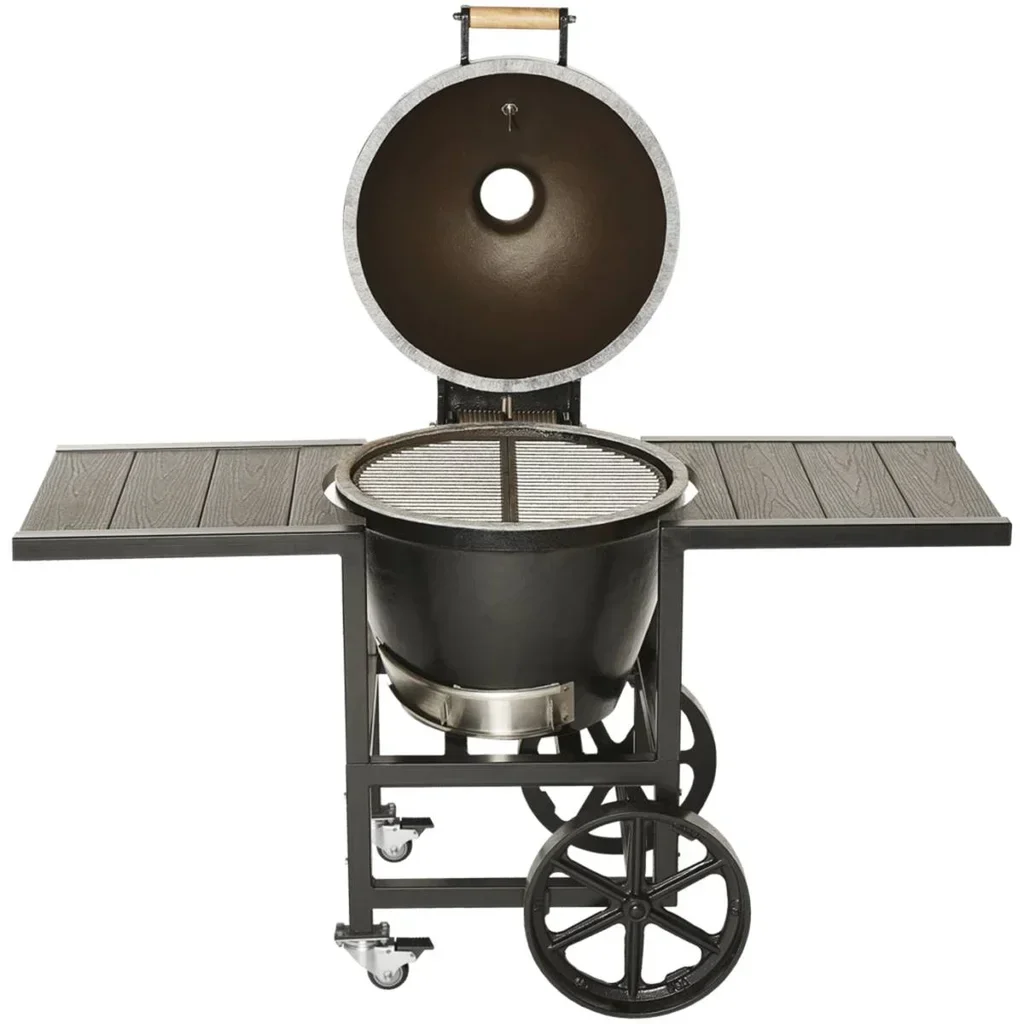 Barbacoa Kamado Goldens Hierro Fundido 52cm con Carrito y Estantes de Madera Compuesta