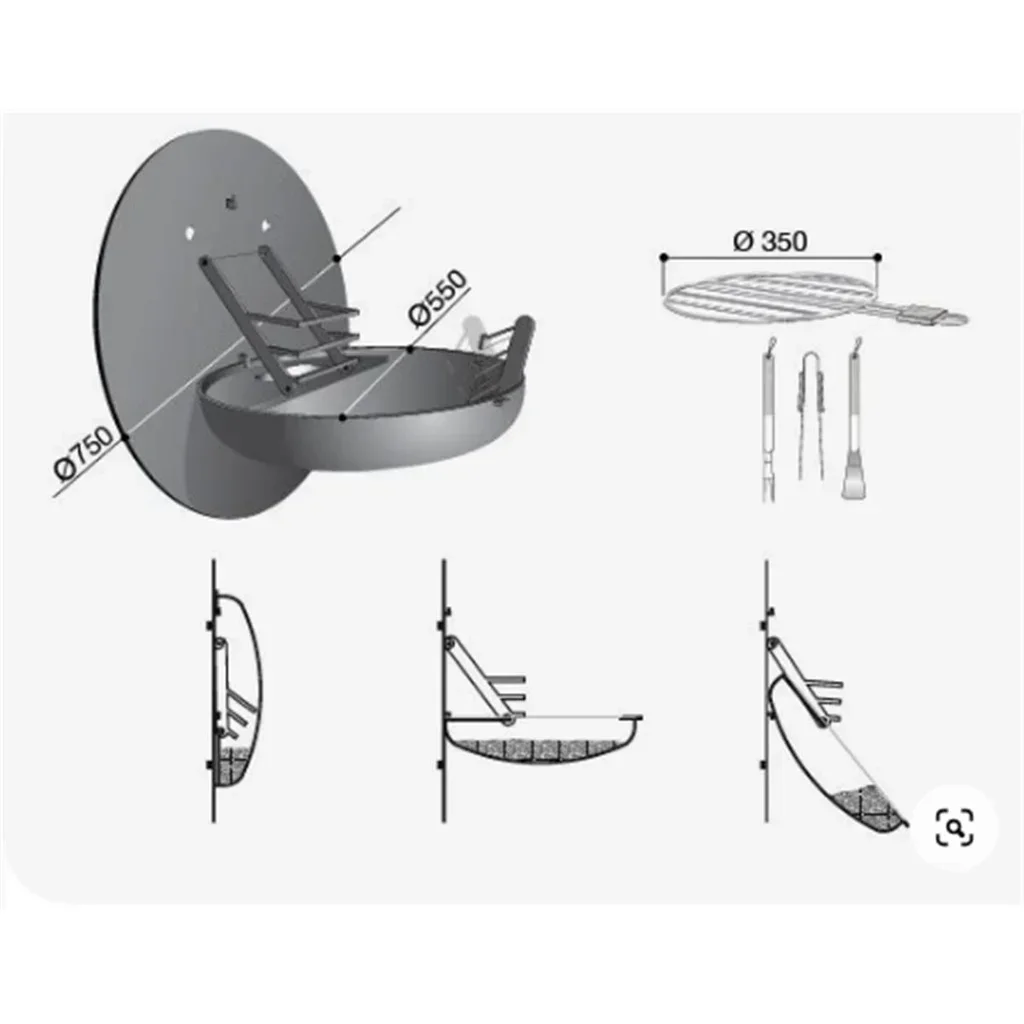 Barbecue rotondo a parete in acciaio nero opaco con ciotola pieghevole XXL 55 cm per esterni