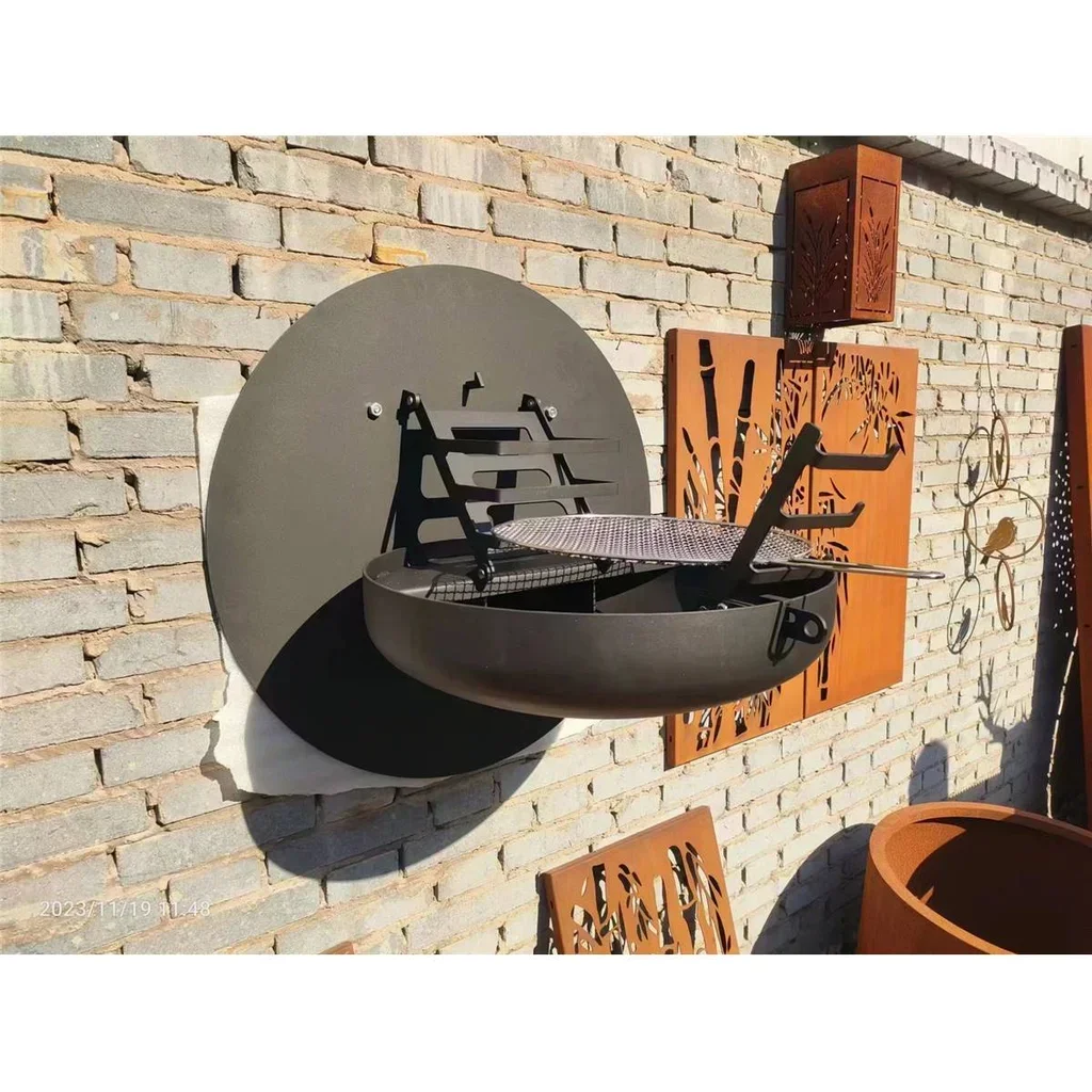 Barbacoa redonda de montaje en pared de acero negro mate con cuenco plegable XXL 55 cm para exterior