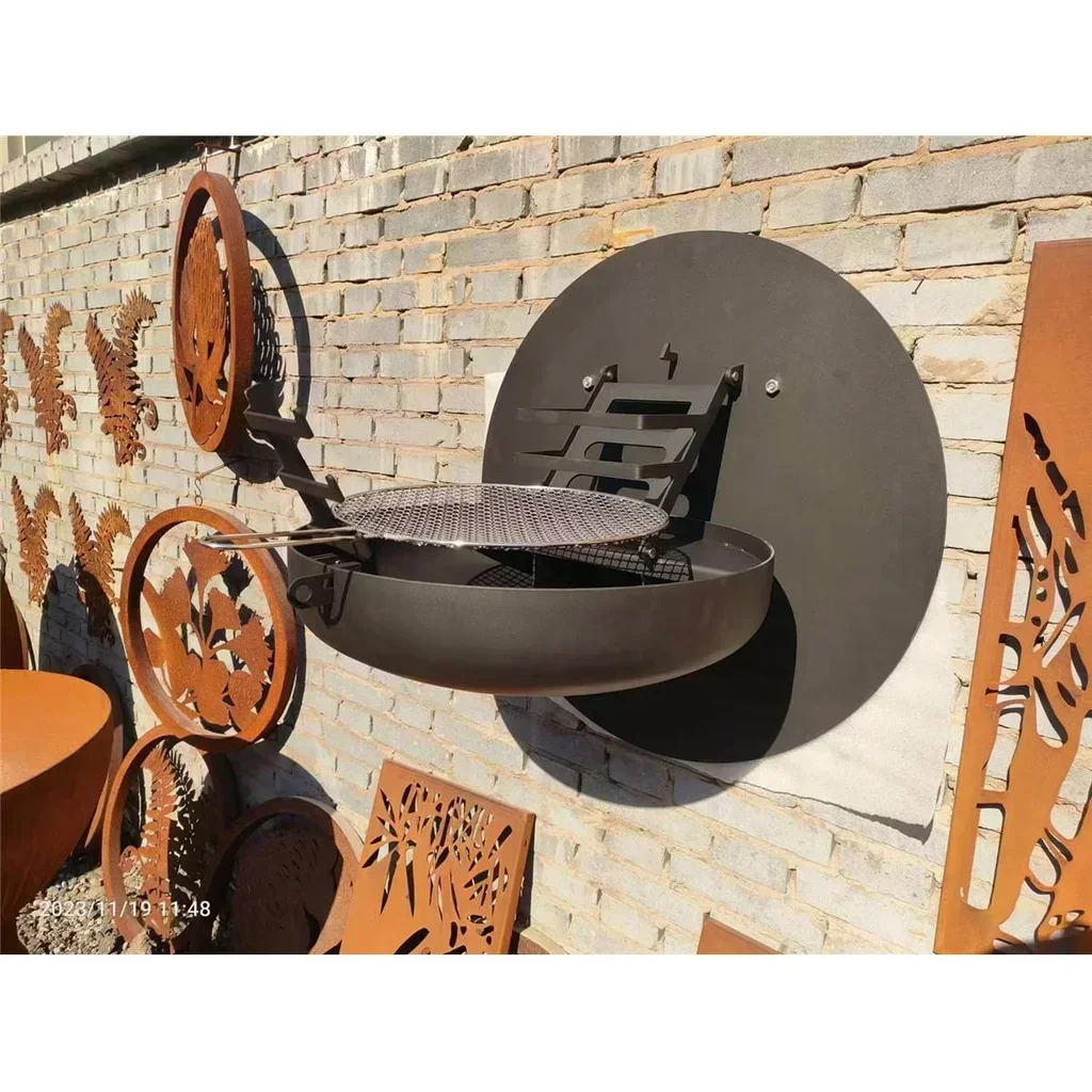 Barbacoa redonda de montaje en pared de acero negro mate con cuenco plegable XXL 55 cm para exterior