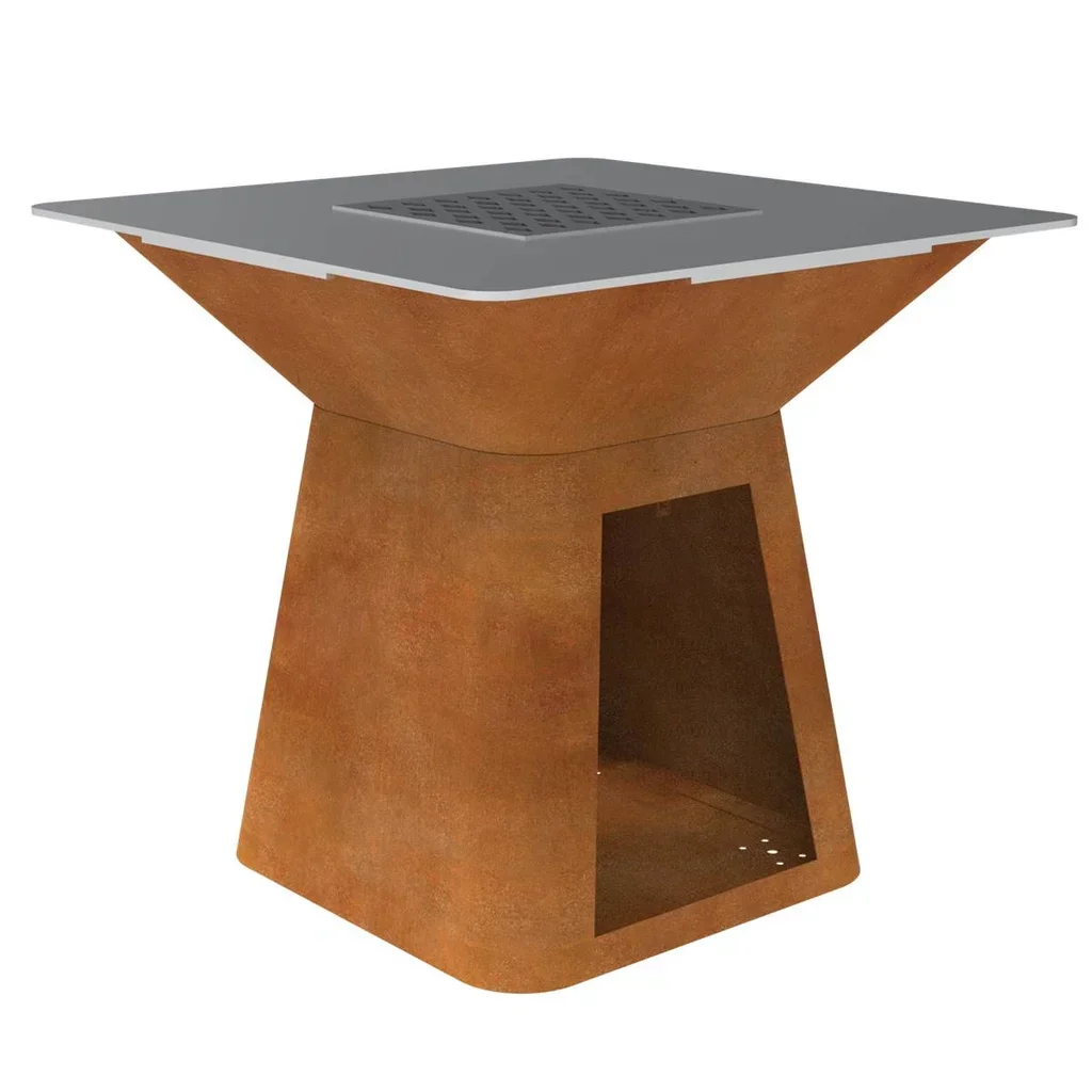 Brasero de acero corten Ø 100 cm con plancha cuadrada 100x100 cm