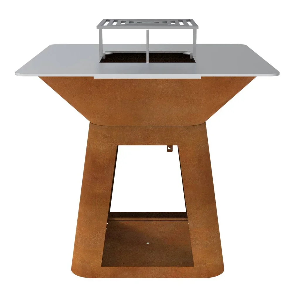 Brasero de acero corten Ø 100 cm con plancha cuadrada 100x100 cm