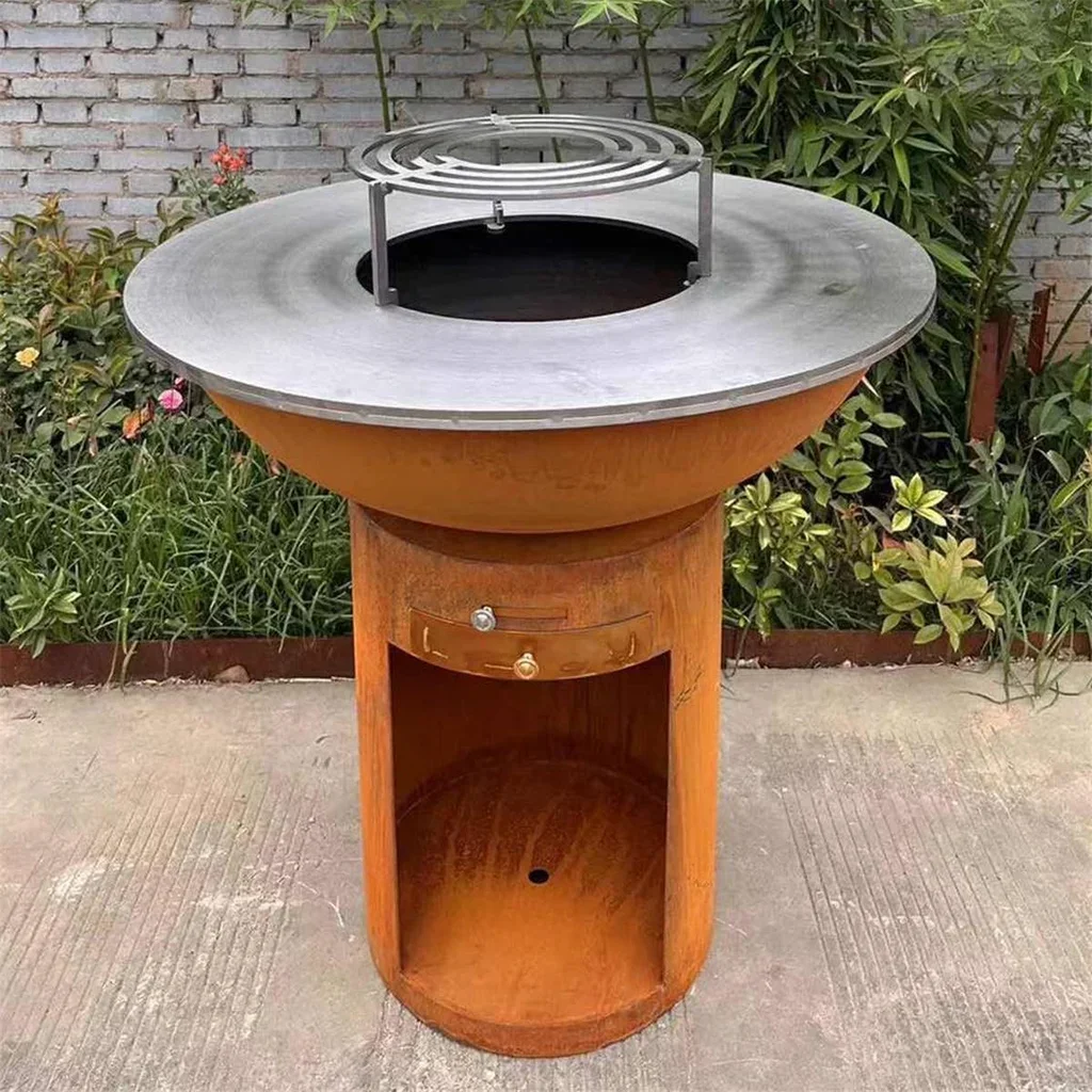 Brasero acier Corten Ø100cm plancha bois design jardin extérieur