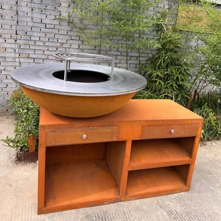 Brasero plancha acier Corten Ø100 cm avec socle XL et plaque cuisson carbone