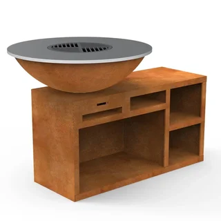 Brasero plancha acier Corten Ø100 cm avec socle XL et plaque cuisson carbone