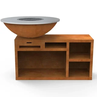 Brasero plancha acier Corten Ø100 cm avec socle XL et plaque cuisson carbone