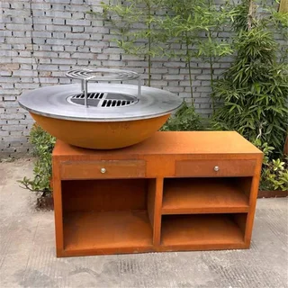 Brasero plancha acier Corten Ø100 cm avec socle XL et plaque cuisson carbone