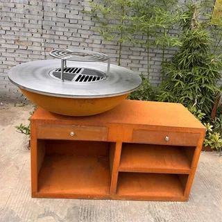 Brasero plancha acier Corten Ø100 cm avec socle XL et plaque cuisson carbone