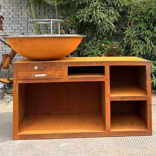Brasero plancha acier Corten Ø100 cm avec socle XL et plaque cuisson carbone