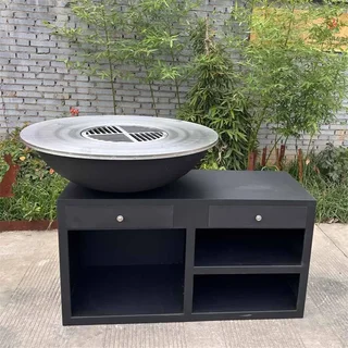 Brasero plancha bois Ø100 cm acier noir base XL jardin