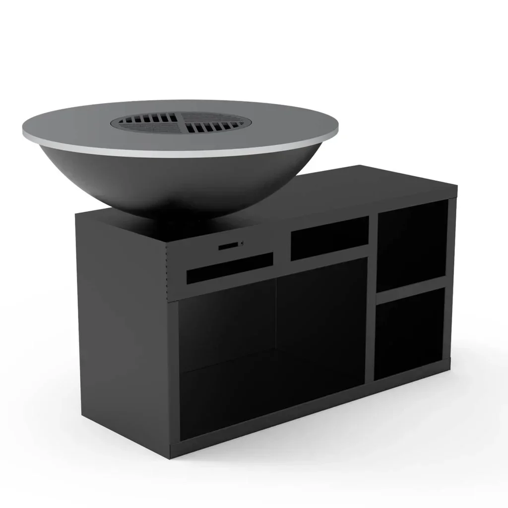 Holz-Feuerschale Grillplatte Ø100 cm schwarzer Stahl XL-Basis Garten