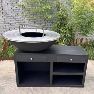 Brasero plancha bois Ø100 cm acier noir base XL jardin