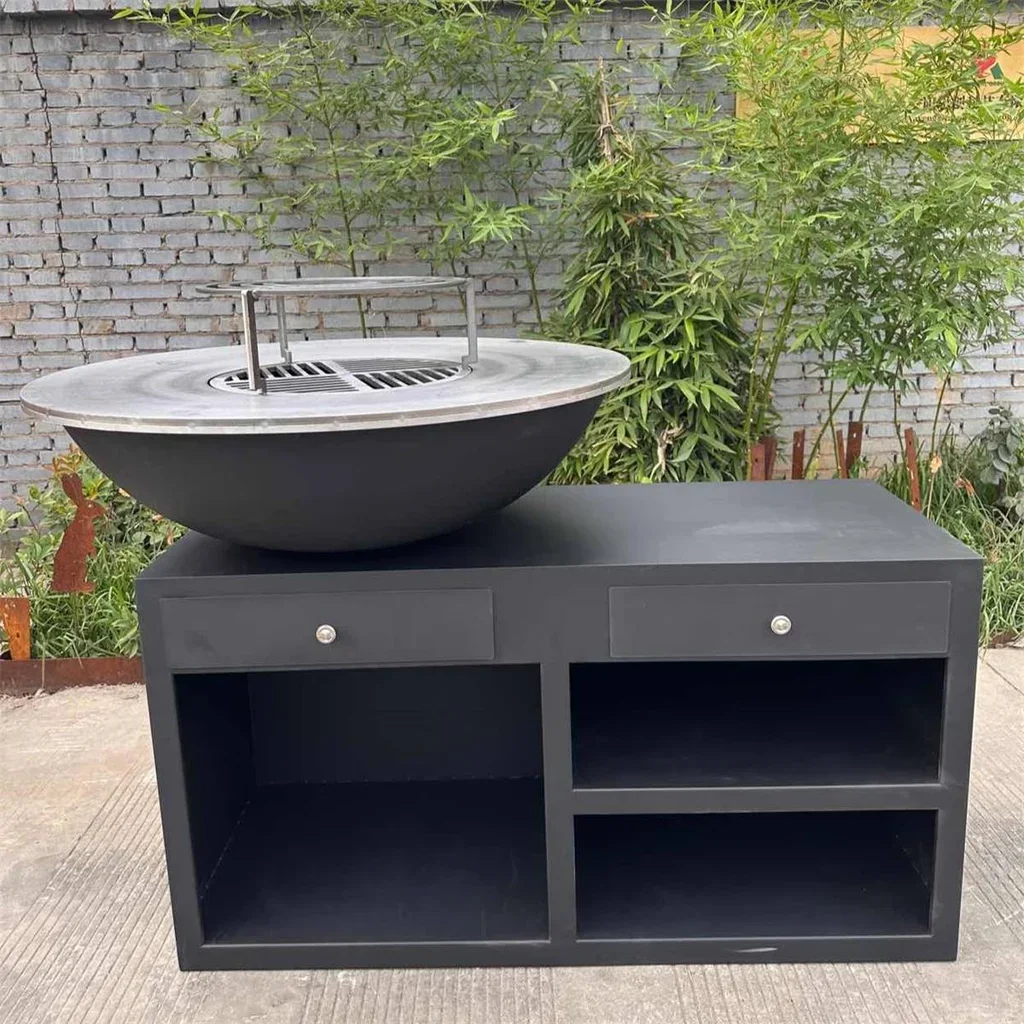 Brasero plancha bois Ø100 cm acier noir base XL jardin