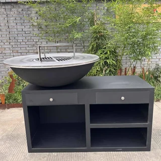 Brasero plancha bois Ø100 cm acier noir base XL jardin