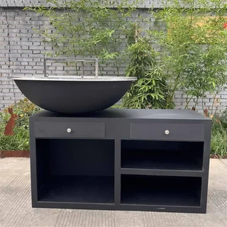Brasero plancha bois Ø100 cm acier noir base XL jardin
