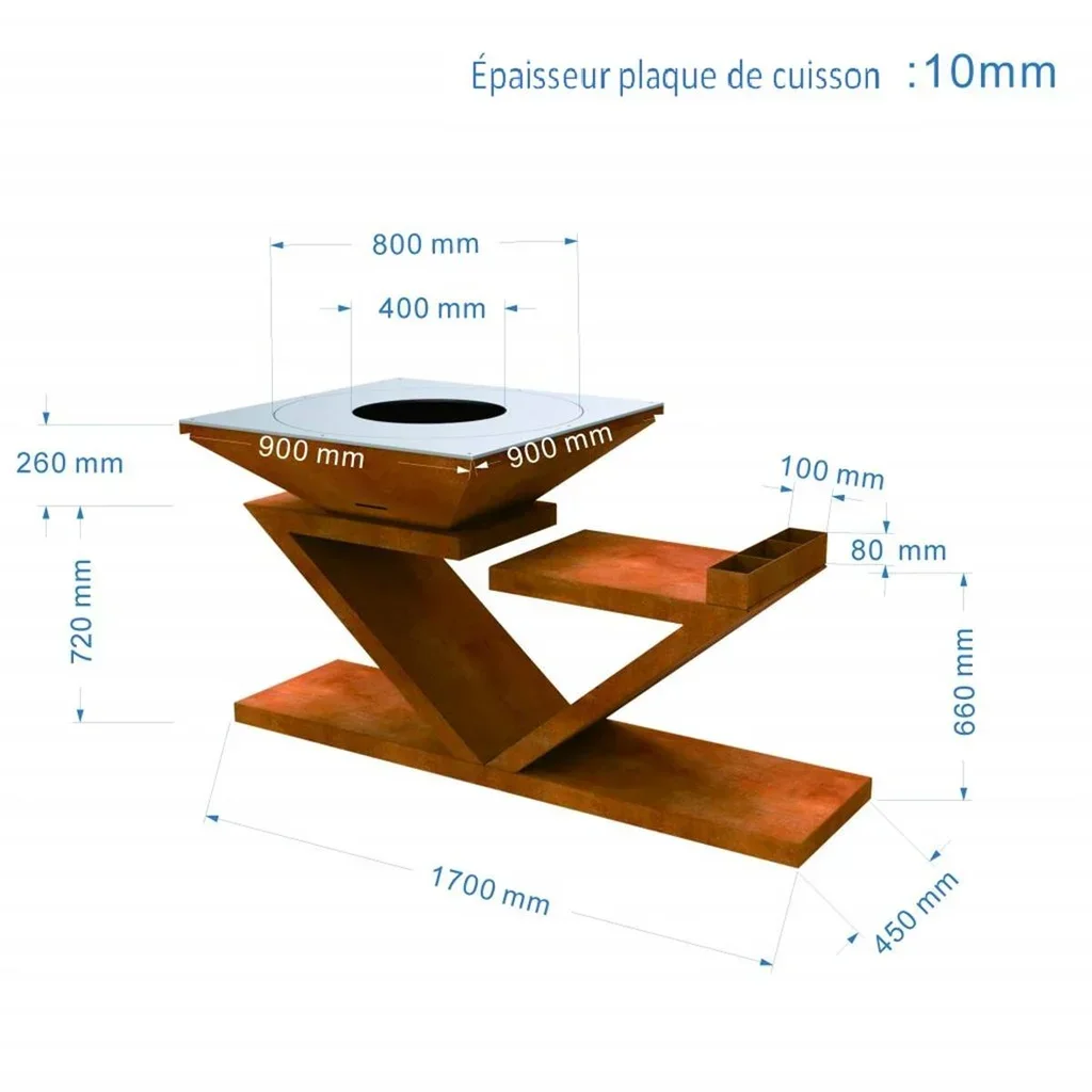 Braciere piastra griglia acciaio Corten 90x90 cm - Doppia Z legno