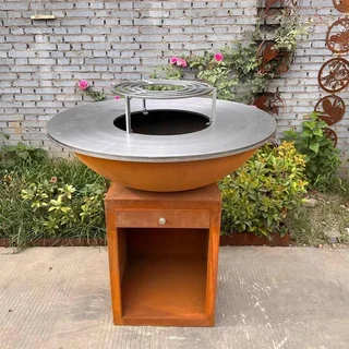 Brasero plancha bois acier Corten Ø100 cm design industriel jardin