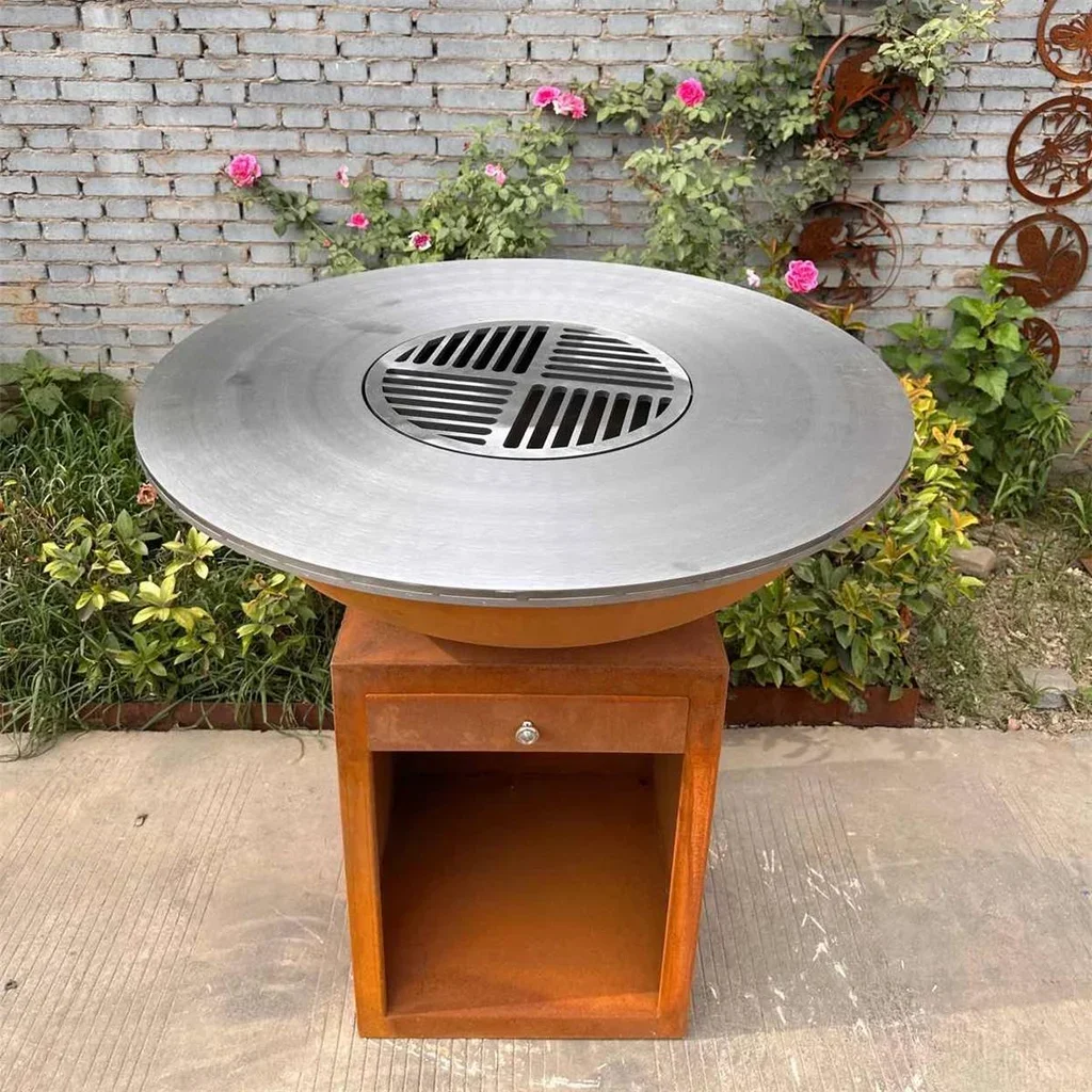 Brasero plancha bois acier Corten Ø100 cm design industriel jardin