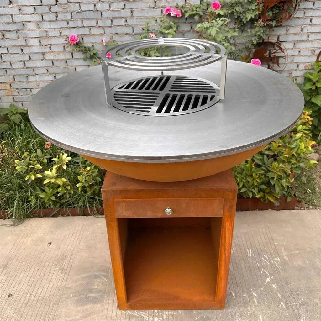 Brasero plancha bois acier Corten Ø100 cm design industriel jardin