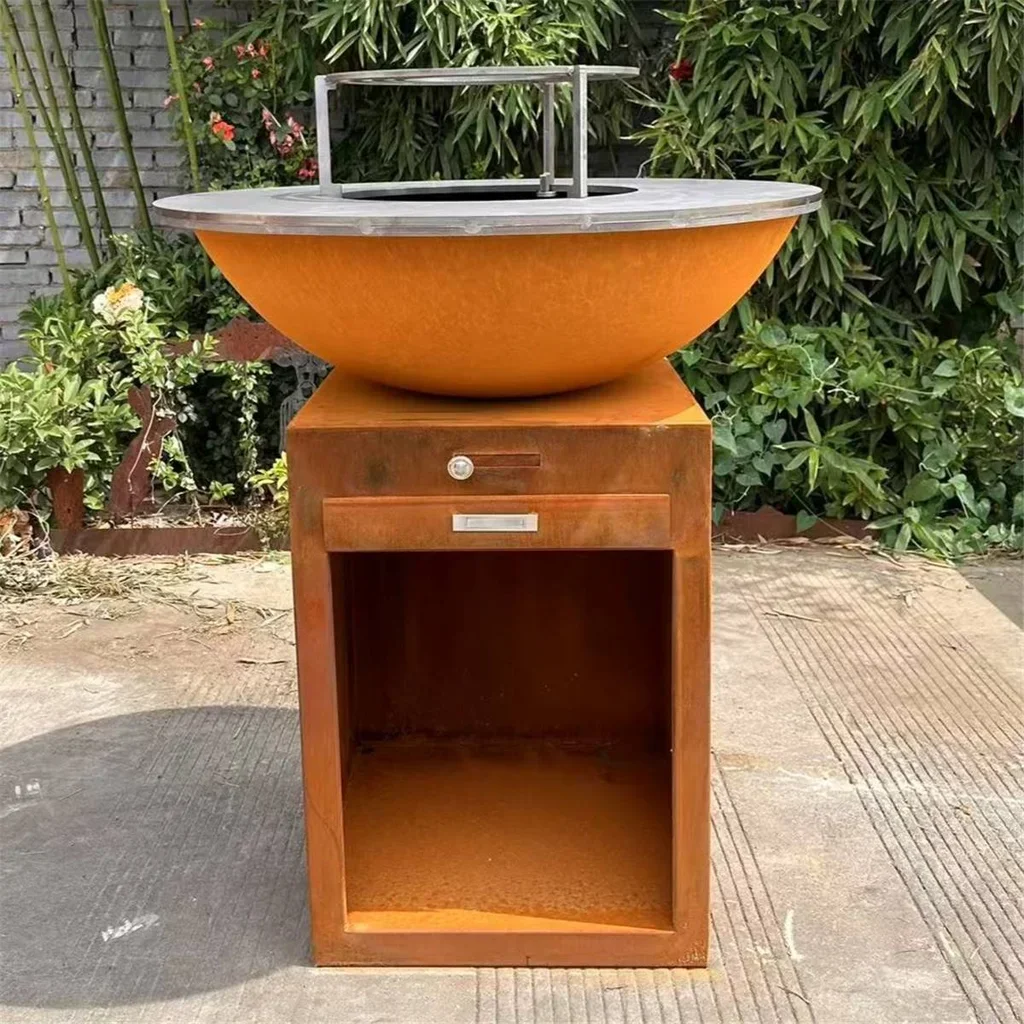 Braciere plancha acciaio Corten Ø85 cm con griglie di cottura modulari