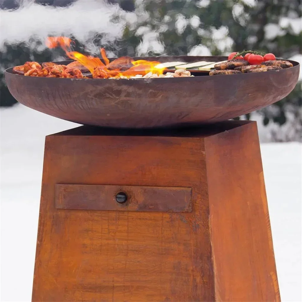 Brasero plancha ORION Classic acero Corten efecto óxido con tapa apagafuegos 80cm - Barbacoa exterior