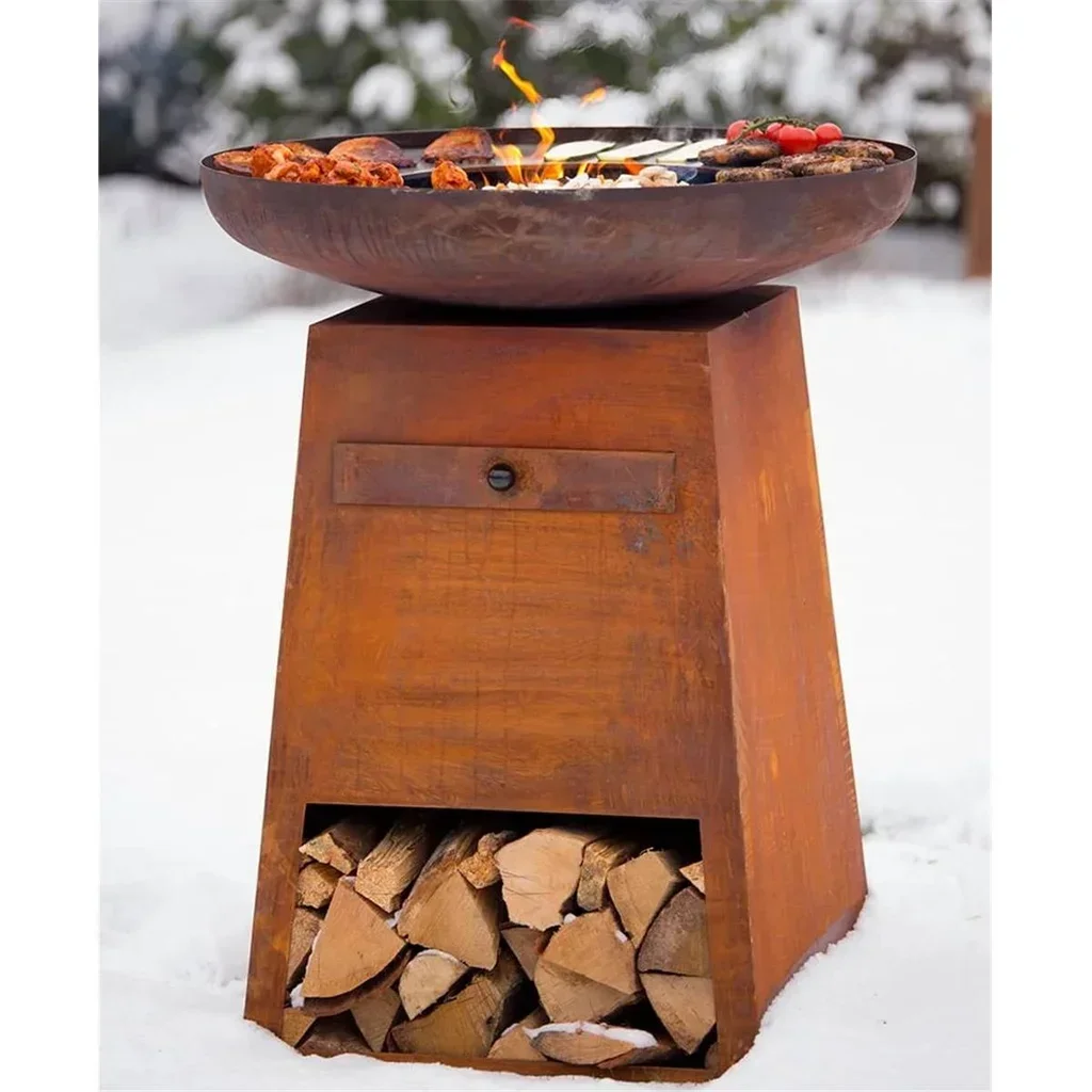 Brasero plancha ORION Classic acero Corten efecto óxido con tapa apagafuegos 80cm - Barbacoa exterior