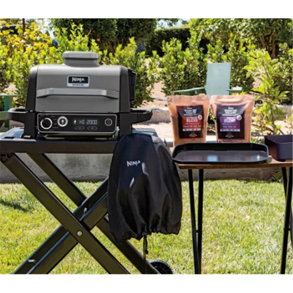 Carrito plegable negro para parrilla eléctrica Ninja Woodfire con ganchos