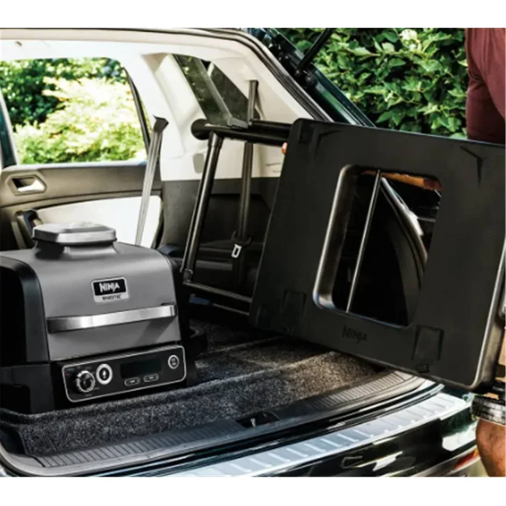 Carrito plegable negro para parrilla eléctrica Ninja Woodfire con ganchos