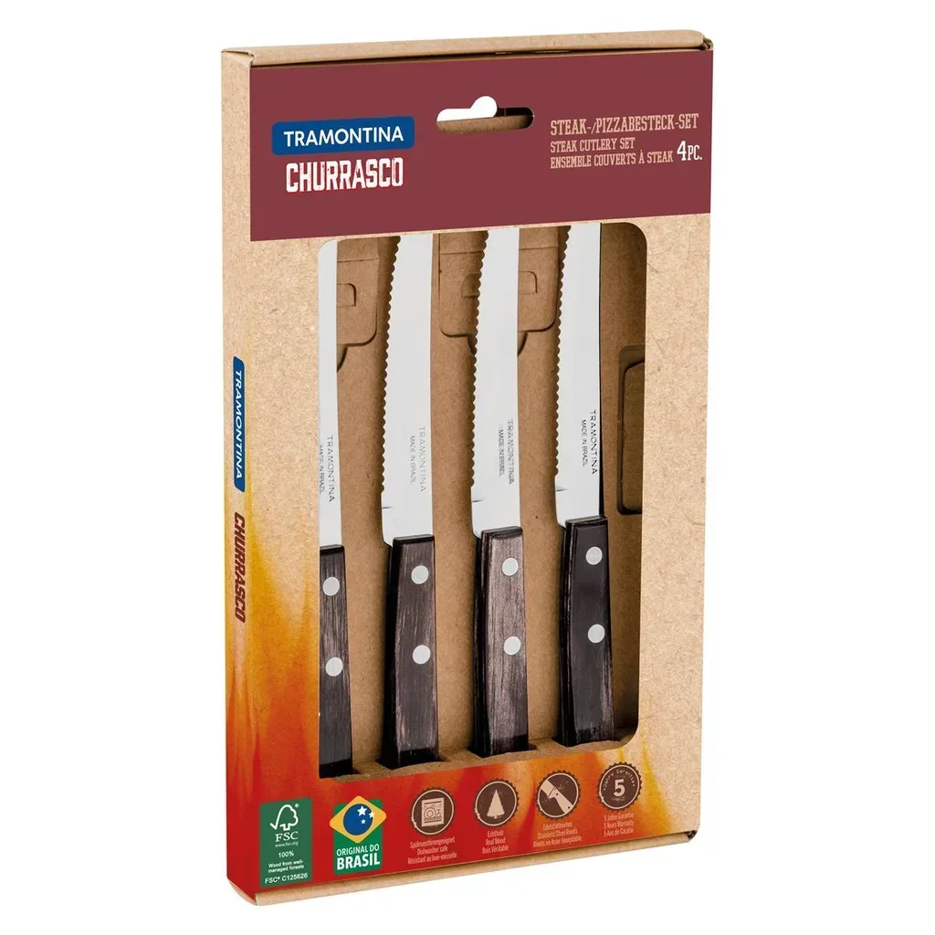 Set 4 cuchillos chuleteros Tramontina acero inoxidable mango madera FSC