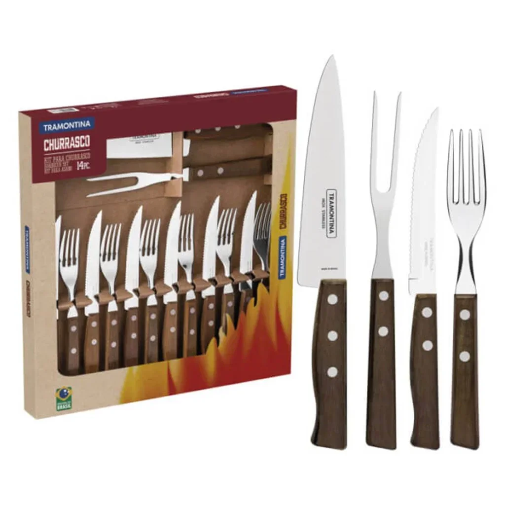 Set de 14 Cubiertos para Barbacoa Churrasco - Cuchillos y Tenedores de Acero Inoxidable con Mangos Polywood FSC