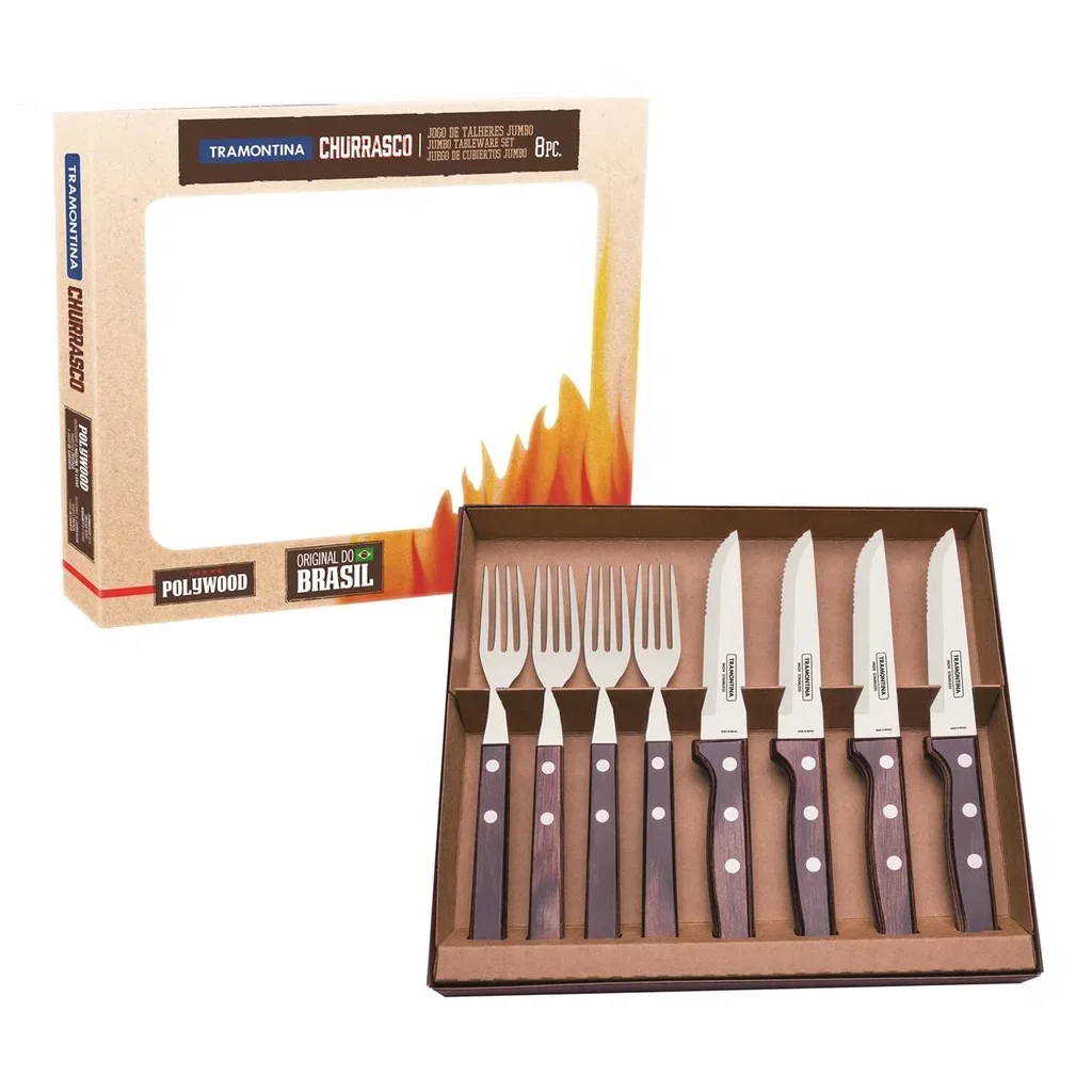 Juego de 4 cuchillos y 4 tenedores Tramontina Gaucho mango madera FSC