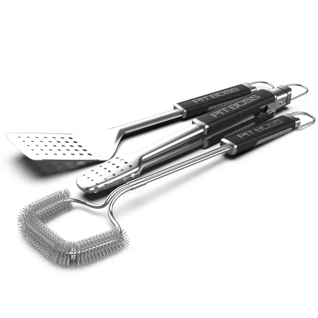 Set 3 Utensilios Barbacoa Pit Boss Acero Inoxidable - Espátula Tenedor Pinzas
