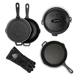 Set de 6 Accesorios para Barbacoa de Hierro Fundido Pit Boss: Sartén, Cacerola, Olla de 4L y Guantes de Cuero