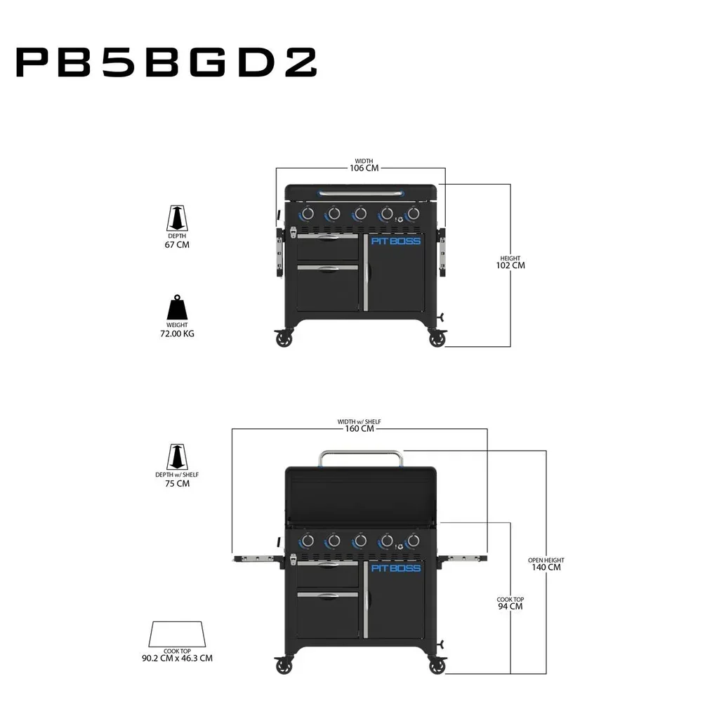 Plancha a gas Pit Boss Ultimate 5 con pie y soporte integrado y placa cerámica 5 quemadores