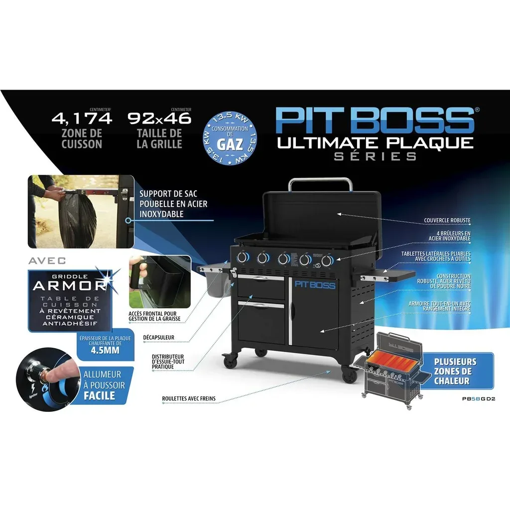 Plancha a gas Pit Boss Ultimate 5 con pie y soporte integrado y placa cerámica 5 quemadores