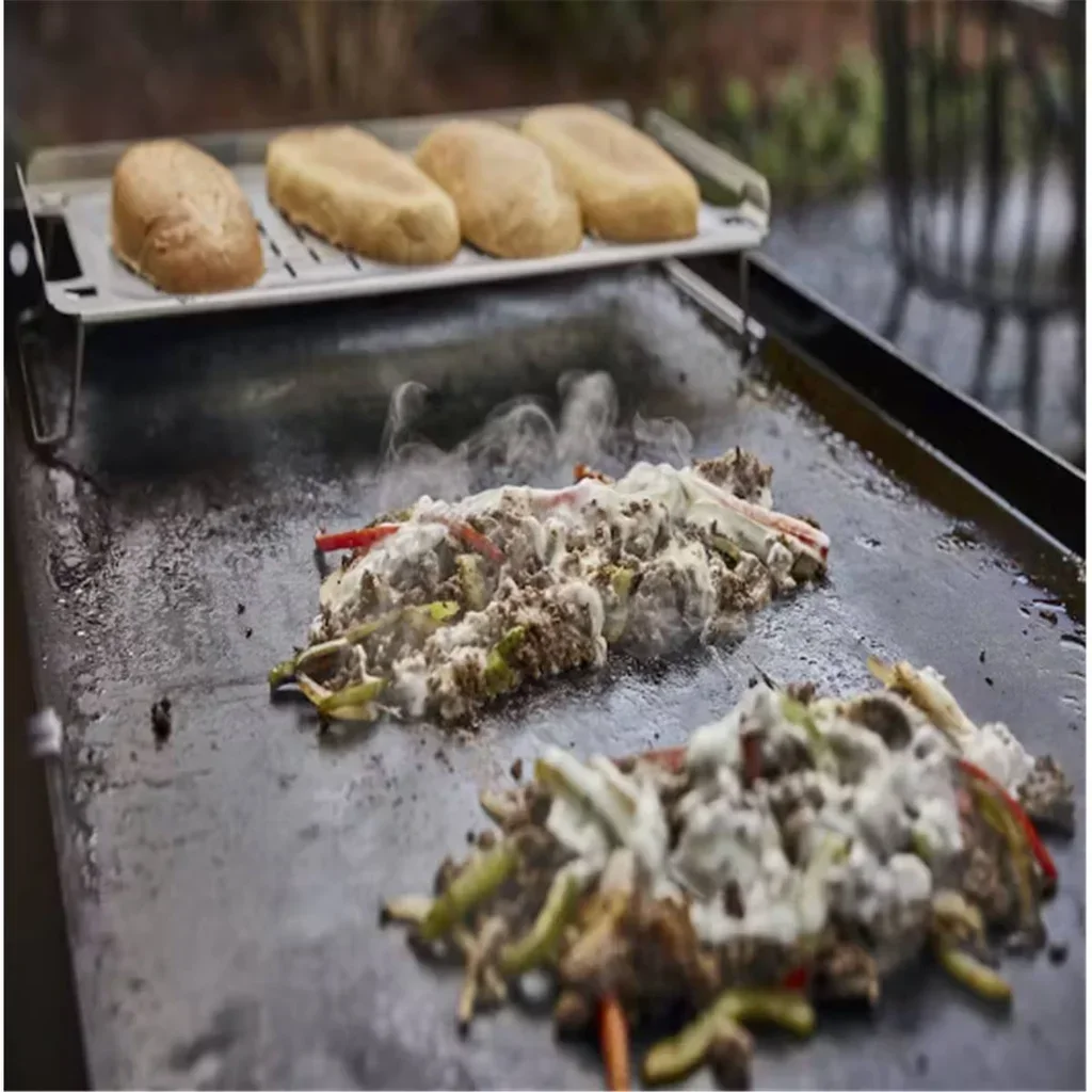 Placa de mantenimiento en caliente de acero inoxidable para plancha con patas plegables 42x20cm