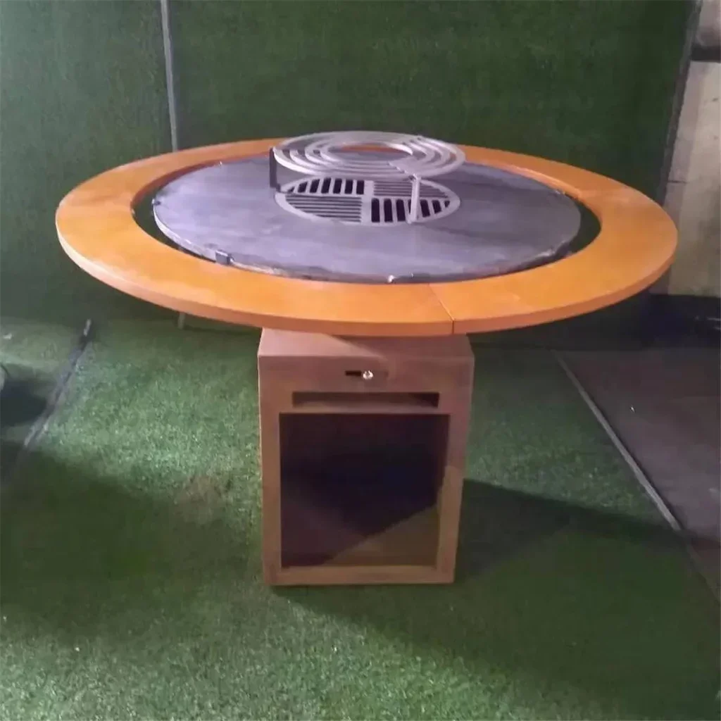 Wooden serving tray for fire pit Ø85 cm with metal leg attachment