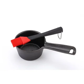 Cast Iron Sauce Pot 350ml with Silicone Basting Brush for BBQ - Barbecue Gravy Boat with Brush