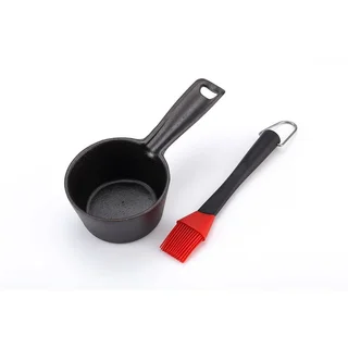 Cast Iron Sauce Pot 350ml with Silicone Basting Brush for BBQ - Barbecue Gravy Boat with Brush