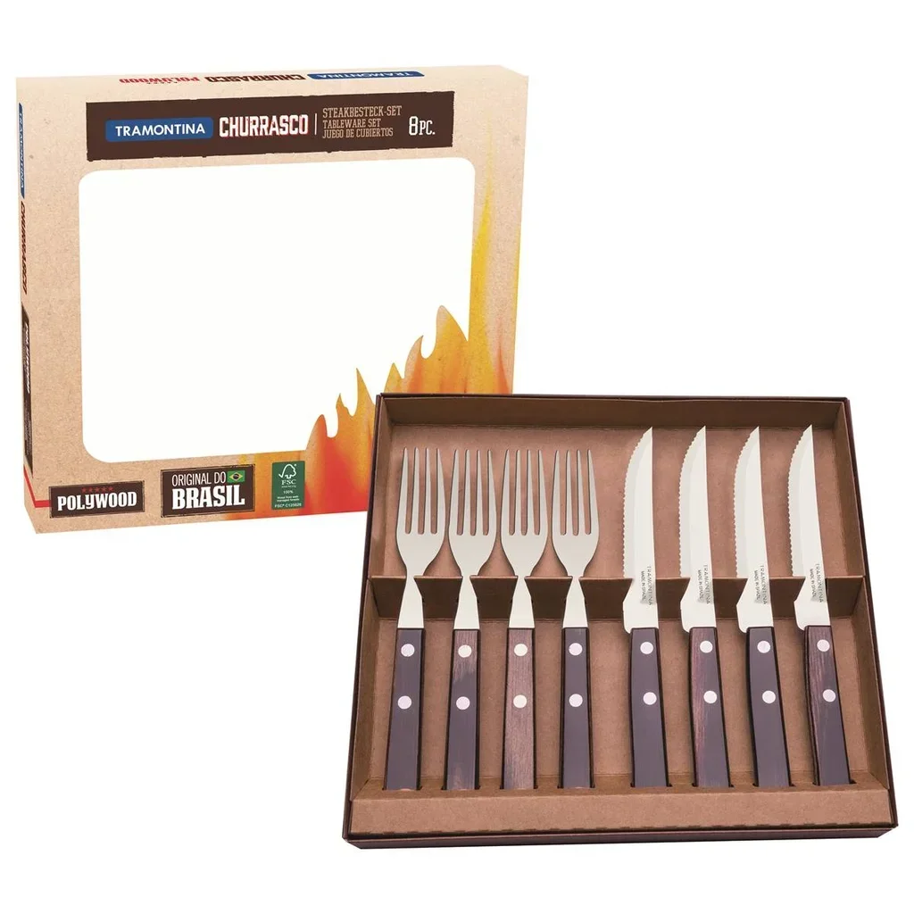 Set cubiertos para bistec 8 piezas Tramontina cuchillos tenedores madera FSC